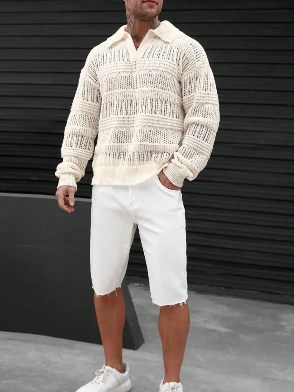Multicolor Casual Men's Loose Drop Sleeve Rib-Knit Hollow Out Sweater